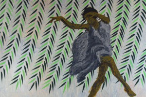 Print of dancer, rows of green leaves in background