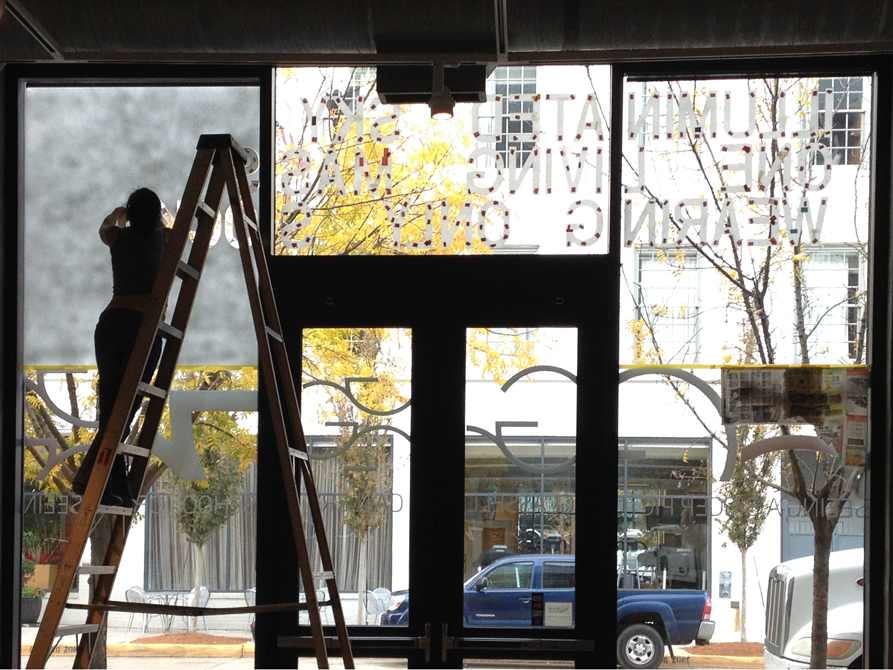 Person on ladder puts art on glass windows.