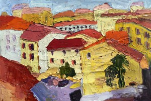 Painting of colorful yellow buildings with red roofs